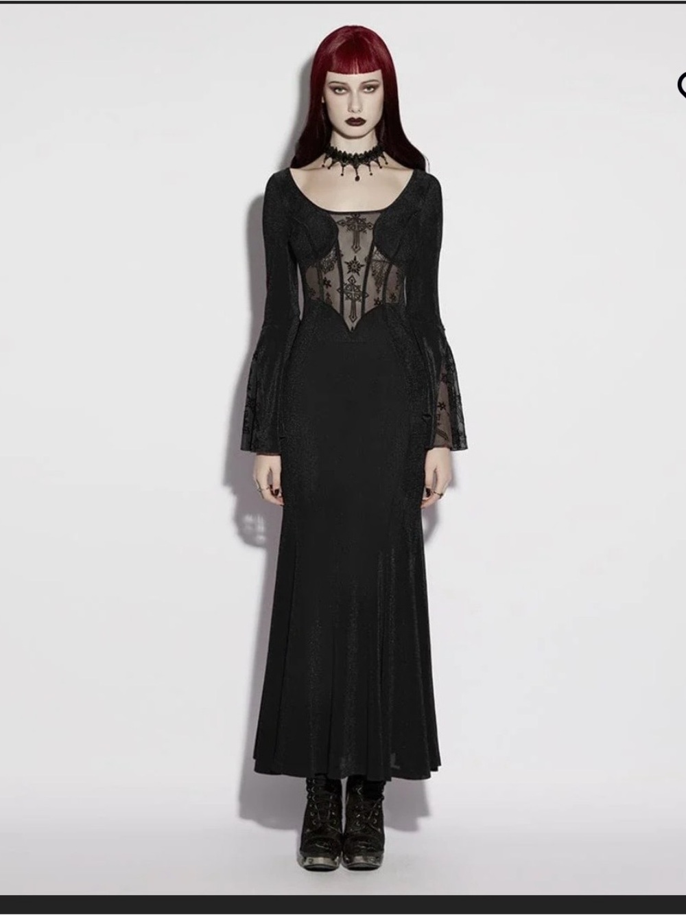 Black Gothic Lace-Panel Maxi Dress